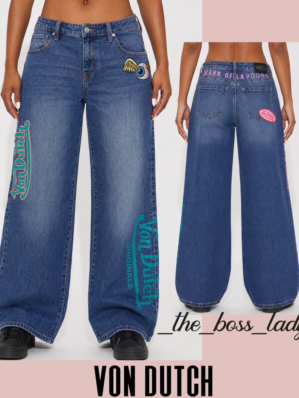 Von Dutch jeans embroidered patch denim wide leg pants streetwear 29